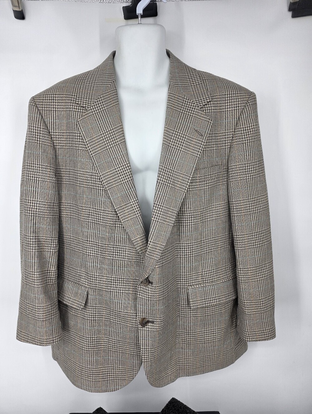 Haggar Imperial Vintage Plaid Blazer 46R Brown Tan Multi Sport Coat Made in USA